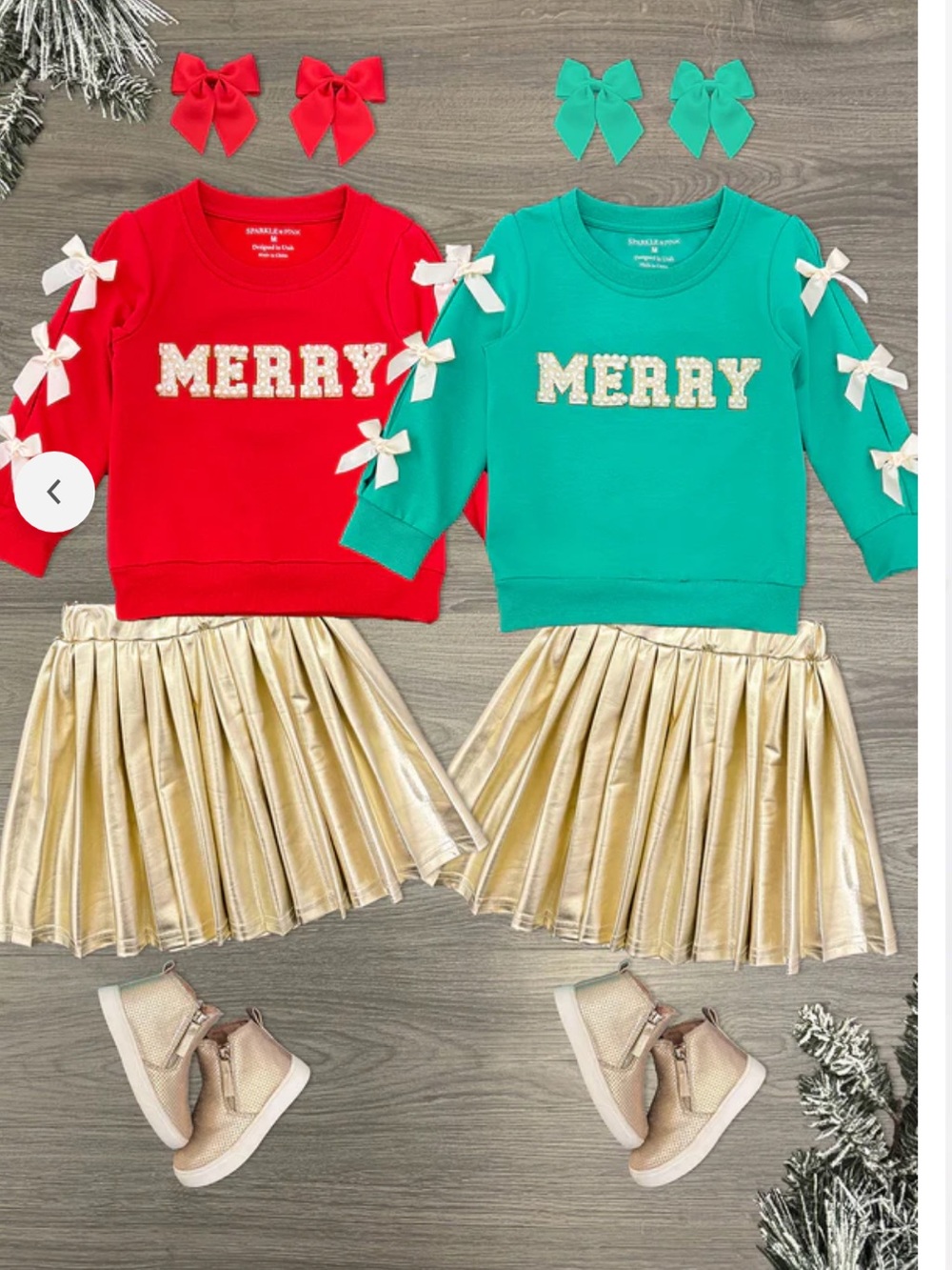 Brand New! Merry PEARL bow Metallic Skirt set (2T-red;3T-green;4T-green)